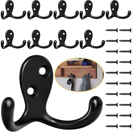 10 Pack Coat Hooks, Heavy Duty Double Prong Coat Hooks Wall Mounted with 20 Screws, No Rust Black Metal Wall Hooks for Hanging Towel, Coat, Bag, Hat, Cup, Key