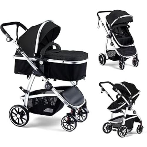 Baby Stroller,2-in-1 Reversible Stroller with Bassinet Mode,Foldable Infant Stroller with Canopy,One Button Brake,Adjustable Handle, Newborn Stroller (Black)