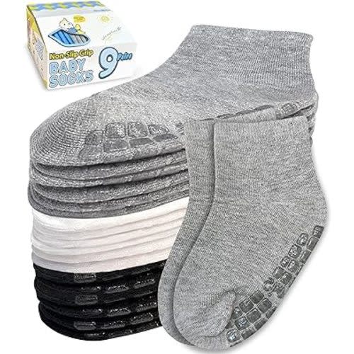 Simply Kids Baby Mid-Crew Socks with Grips (9 Pairs) for 6 Months - 7 Years Old Toddler Boy