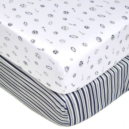 American Baby Company 2 Pack 100% Natural Cotton Fitted Crib Sheets 52" x 28" - Soft, Breathable, Hypoallergenic & Gentle Toddler Bed Sheets, Navy/Grey Sports Stripes, Neutral for Boys & Girls