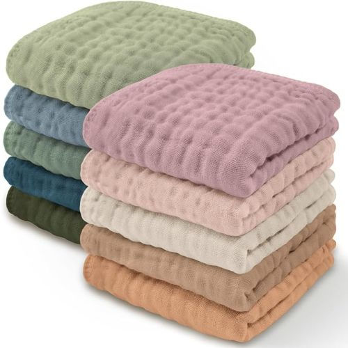 Baby Washcloths, Muslin Cotton Baby Towels Large 10”x10” Wash Cloths Soft on Sensitive Skin, Absorbent for Boys & Girls, Newborn & Toddlers Bibs & Burp Cloths Essentials Set (Multicolor, Pack of 10)