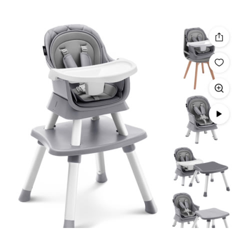 6 in 1 Baby High Chair, Convertible Highchair for Babies and Toddlers (Grey)