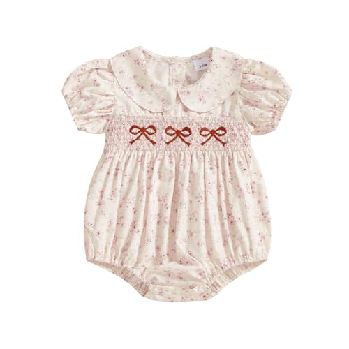 Filgriox Newborn Baby Girl Romper Bow Embroidery Peter Pan Collar Short Sleeve Bubble Bodysuit Summer Clothes