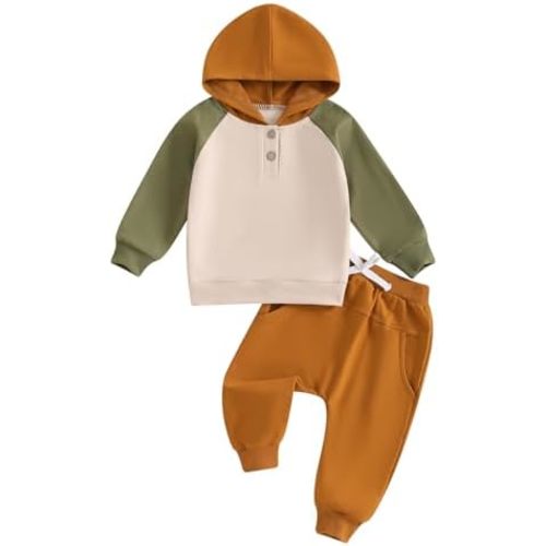 Infant Baby Boys Hooded Clothes Set Dinosaur Print Color Block Sweatshirt Pants Set Toddler Boy Fall Winter Outfit
