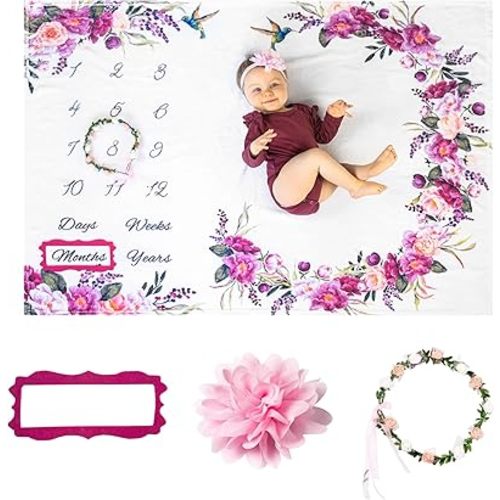 Bliss n' Baby Monthly Milestone Blanket for Baby Girl - 60"x40" - Wrinkle Free Baby Age Month Blanket with Growth Chart - Washable & Dryable - w/Wreath & Headband - Floral Theme