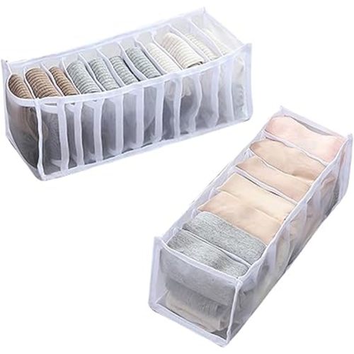 2 Pcs 11 Grids 7 Grids Underwear Drawer Organisers Sock Drawer Organizer Divider Underwear Storage Boxes Foldable Closet Dresser Drawer Organizer for Storing Socks White