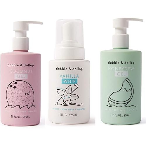 Dabble & Dollop Beachy Bundle, Natural Bubble Bath, Body Wash, Shampoo for Kids, USA-Made, Paraben & Sulfate Free, Vegan, Gluten-Free, Tear-Free, Honeydew Melon, Vanilla & Coconut (Set of 3)