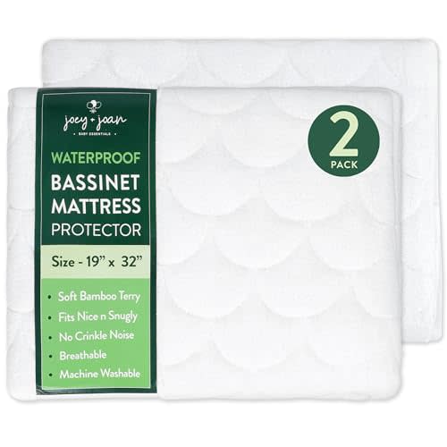 Joey + Joan Waterproof Bassinet Mattress Pad Cover 19" x 32" for Cowiewie Bedside Sleeper Bassinet Sheets – Made from Ultra Soft Bamboo Viscose Terry – 2 Pack