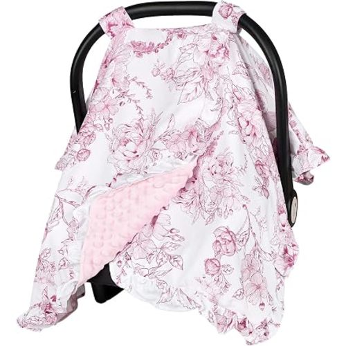 DILIMI Baby Car Seat Cover, Ruffled Car Seat Covers for Babies, Peekaboo Opening Infant Car Seat Cover, Minky Carseat Canopy, Pink Floral