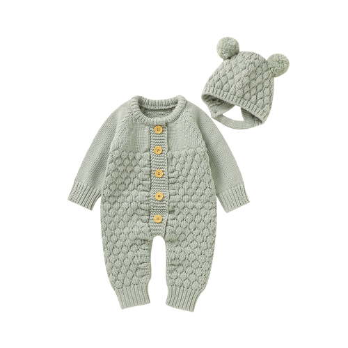 Canrulo Newborn Baby Boy Girl Knit Sweater Romper Hooded Long Sleeve Button Knitted Jumpsuit Fall Winter Warm Clothes Light Green 0-3 Months