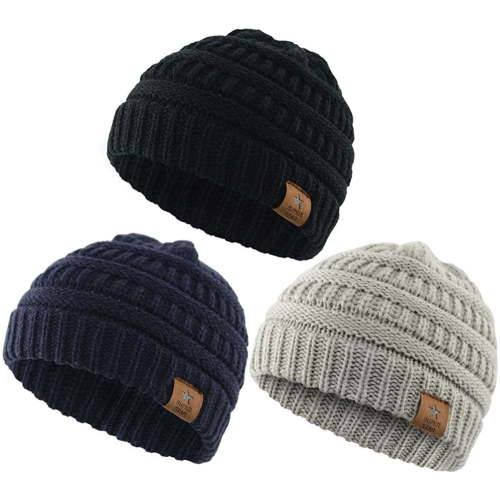 American Trends Warm Baby Knit Hat Cute Cozy Chunky Winter Cap Infant Toddler Baby Beanies for Boys Girls 3 Pack Black & Light Grey & Navy
