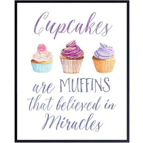 Cupcake Quotes - Kitchen Wall Decor - Dining Room Decor - Cafe Wall Art - Cute Funny Positive Quotes Artwork - For Women, Girls Room, Kids Bedroom or Inspirational Gift - 8x10 Home Decoration