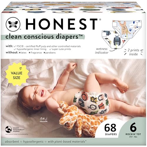 The Honest Company Clean Conscious Diapers for Sensitive Skin | Hypoallergenic, Fragrance Free | Gender Neutral Prints | Super Club Box, Size 6 (35+ lbs), 68 Count