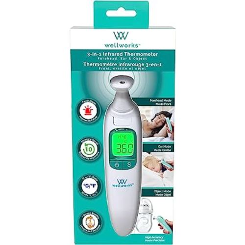 Wellworks 3-in-1 Infared Thermometer - Baby Thermometer for Ear, Forehead & Object Use - High Accuracy, Rapid Reading, with Memory Recall and Fever Alarm - Suitable for Ages Newborn and Up