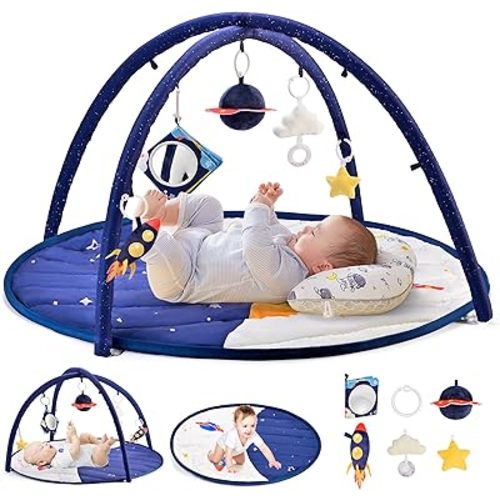 2PM SPORTS Space Theme Baby Play Mat, Tummy Time Mat, Baby Play Gyms & Playmats for 0-3 0-6 0-12 3-6 6-12 Months, Activity Mat 5 Detachable Toys, Newborn Infant Baby Boy Essentials Shower Gift
