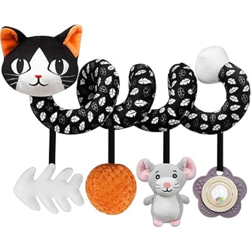 Baby Carseat Toy Black & White Rattle Spiral Hanging Activity Stroller Toy for Newborns Boys and Girls - Cat