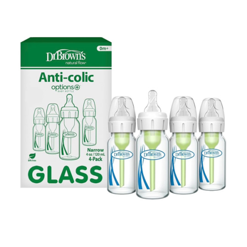 Dr. Brown's Anti-Colic Options+ Narrow Glass Baby Bottle with Level 1 Slow Flow Nipple, BPA-Free, 4 oz/120mL, 4-Pack