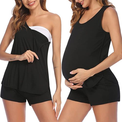 Ekouaer Maternity Nursing Pajamas Sleepwear Set Shorts Striped for Hospital/Home