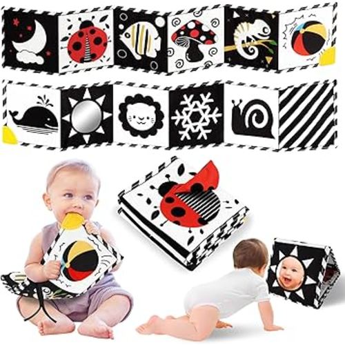 Newborn Toys, High Contrast Baby Books with Teether, Black and White Baby Toys, Montessori Toys 0-6-12 Months Brain Development, Sensory Learning Activities Gift, Tummy Time Toys