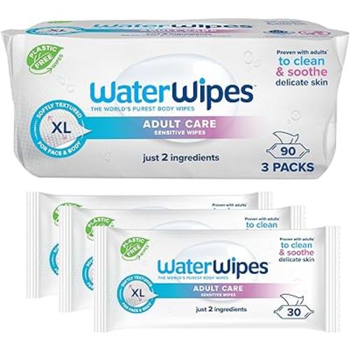 WaterWipes Adult Care Sensitive Body & Intimate Hygiene Wipes, 90 Wipes (3 Packs), Extra Large Textured, 99.9% Water-Based, For Everyday Personal Uses