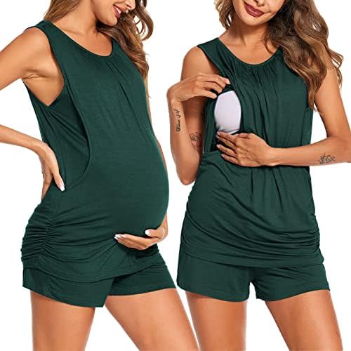 Ekouaer Women Maternity Nursing Pajama Set Breastfeeding Double Layer Pregnancy Pjs Set Sleeveless Top & Shorts with Pockets