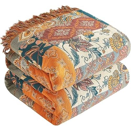 Throw Blanket 80"x90" 100% Cotton 4-Layer Muslin Patchwork Floral Printed