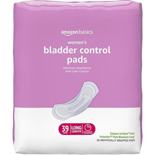 Amazon Basics Incontinence Pads for Women Long, Bladder Control, Postpartum, Maximum Absorbency, Unscented, 39 Count