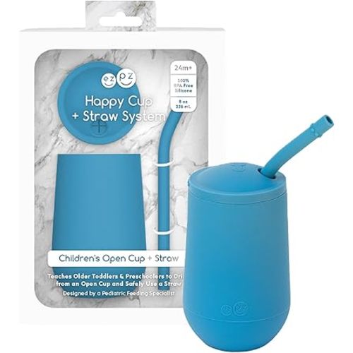 ezpz Happy Cup + Straw System - 24 months+ (Blue) - 100% Silicone Cup + Straw for Older Toddler + Preschoolers