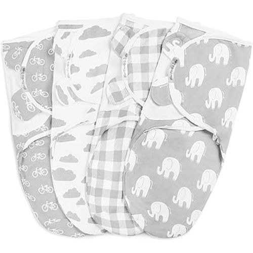 BaeBae Goods Swaddle Blanket, Adjustable Infant Baby Swaddling Wrap Set of 4, Baby Swaddling Wrap Blankets for Boys and Girls Made in Soft Cotton (0-3 Months, Grey Elephants)