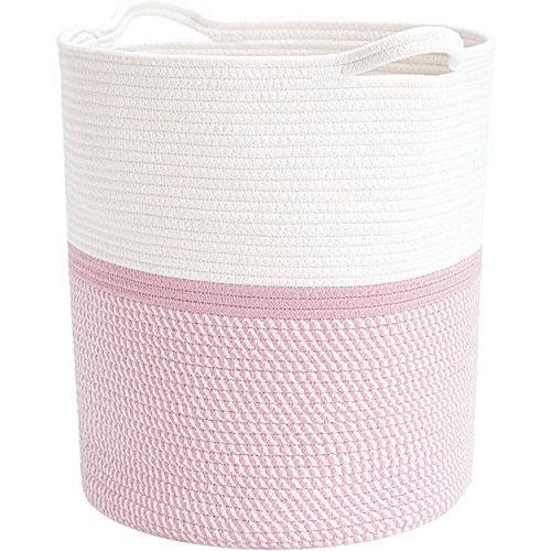 INDRESSME Cotton Basket 17¾ x 15¾ x 13¾ inches Woven Hamper Pink Girl Basket for Gift Toy Blanket Corner Basket in living Room