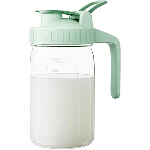 Breast Milk Pitcher, Mason Jar 32 oz, Heavy Duty Wide Mouth Jar with Green Flip Cap Lid and Pour Spout, Airtight Seal for Freshness and Convenience, Great for Cold Beverages and Home Entertaining