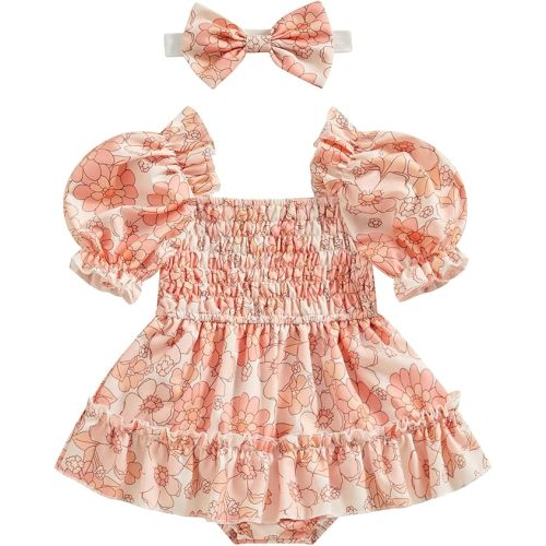MERSARIPHY Infant Baby Girl Romper Dress Pleated Chiffon Summer Clothes Baby Boho Romper with Headband - Pink W - 6-12 Months