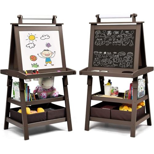 Costzon Kids Art Easel, 3 in 1 Double-Sided Wooden Easel w/Magnetic Whiteboard, Chalkboard & Paper Roll, 2-Tier Rack w/ 2 Storage Boxes, Standing Easel for Kids, Toddlers, Boys, Girls (Coffee)