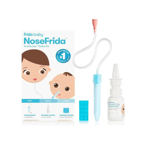 Frida Baby Saline Kit, Includes NoseFrida Nasal Aspirator for Baby, Baby Nose Sucker, Saline Nasal Spray for Babies with 10 Extra Hygiene Filters, Nasal Spray Decongestant, 0.68 fl oz