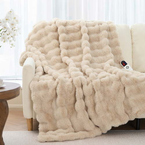 MARNUR Electric Throw Blanket 50"x60", Faux Fur Heated Throw, 6 Heating Levels, 4 Hours Timer, Khaki