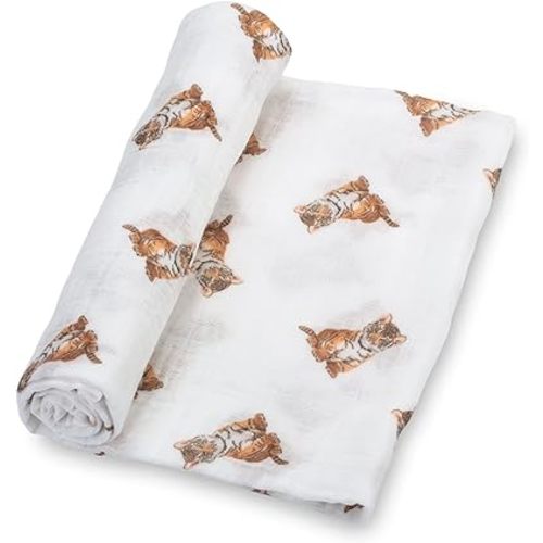 LollyBanks Swaddle Blanket | 100% Muslin Cotton | Gender Neutral Newborn and Baby Nursery Essentials for Girls and Boys, Registry | Baby Tiger Cub Print