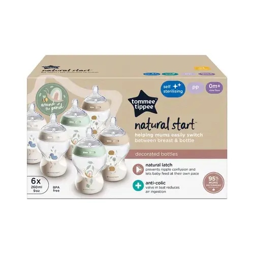 Tommee Tippee Natural Start Anti-Colic Baby Bottle With Slow Flow Teat 260Ml 0M+ 6Pack Assorted | Baby Bunting AU