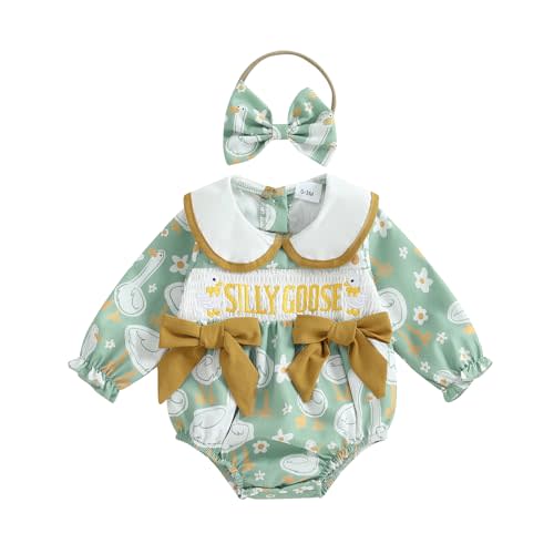 Hekkomird Baby Girls Romper, Long Sleeve Crew Neck Bow Goose Print Embroidery Letters Bodysuit Clothes for Casual Daily