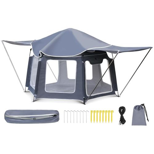 Baby Playpen with Large Canopy, Portable Press to Set Up Baby Tent, Toddler Play Yard for Indoor, Outdoor, Foldable Playpen for Beach, Camping, Home, Lightweight Versatile Kids Tent, with Travel Bag