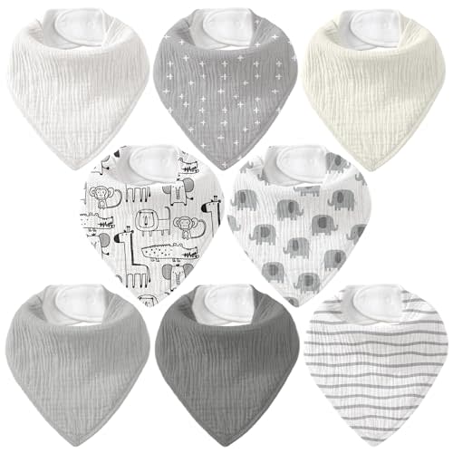 Muslin Baby Bibs 8 Pack, Baby Bandana Drool Bib for Drooling and Teething, Cotton Soft Absorbent for Girls Boys (Grey Animals)