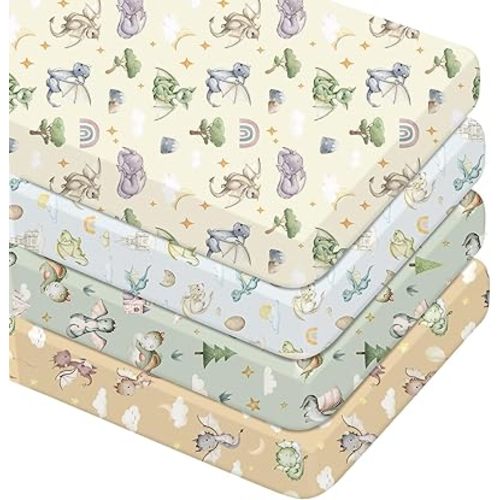4 Pcs Watercolor Cute Dragon Fairy Tale Crib Sheets for Boys Girls 52'' x 28'' x 8'' Cloud Moon Star Dragons Egg Breathable Standard Newborn Mattress Sheets Fitted Baby Toddler Gifts