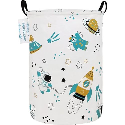 LANGYASHAN Storage Bin, Canvas Fabric Collapsible Organizer Basket for Laundry Hamper,Toy Bins,Gift Baskets, Bedroom, Clothes,Baby Nursery (Round space astronaut)