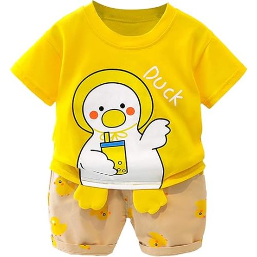 Summer Boys Toddler Cartoon Duck Printed Short Sleeve T-Shirt Tee Tops+Shorts Loose Homewear,Girl 12-18 Months Yellow