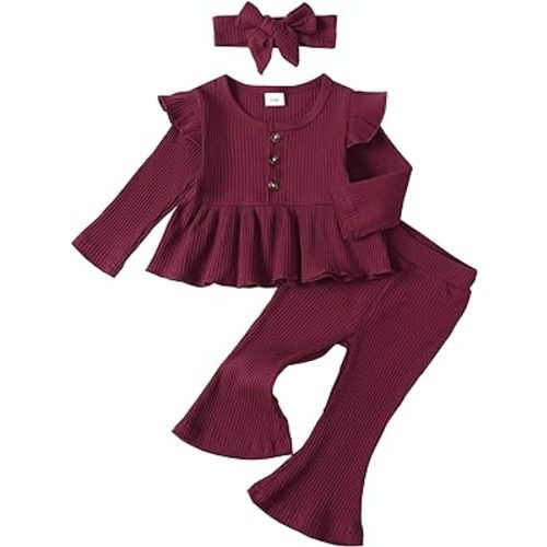 Baby Girl Clothes Toddler Girl Cotton Outfit Rib Long Sleeve Shirt Top Solid Pants Infant Girls Set