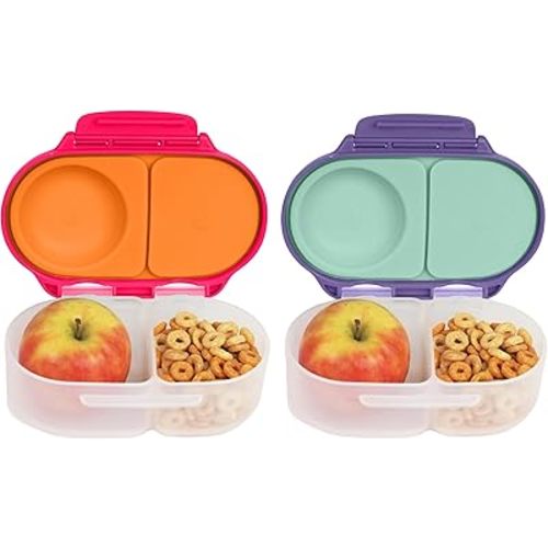 b.box Snack Box (2-pack) for Kids & Toddlers: 2 Compartment Snack Containers, Mini Bento Lunch Box. Leak Proof, BPA free, Dishwasher safe. Ages 4 months+ (s'shake + Lilac pop, 12oz capacity)
