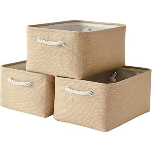 TheWarmHome Organization and Storage Bin for Shelves - Large 3 Pack 16x12x8 inch Storage Basket for Organizing, Canves Storage Cubes for Organizer Toy Closet Cloth Gift (Beige)