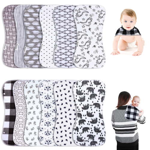 12-Pack 2-in-1 Baby Bibs & Burp Cloths Set, 3-Layer Design, Large Size, Super Absorbent, 100% Organic Cotton, Soft & Comfortable