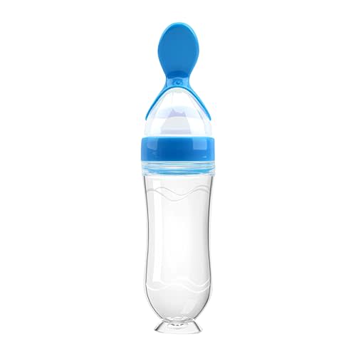 Baby Food Feeder Silicone Baby Food Dispensing Spoon-WAJIAYON, 3 oz Squeeze Feeding Spoons with Suction Cup for Boys Girl Kids Toddlers - Self Feeding Bottle Spoon - Blue