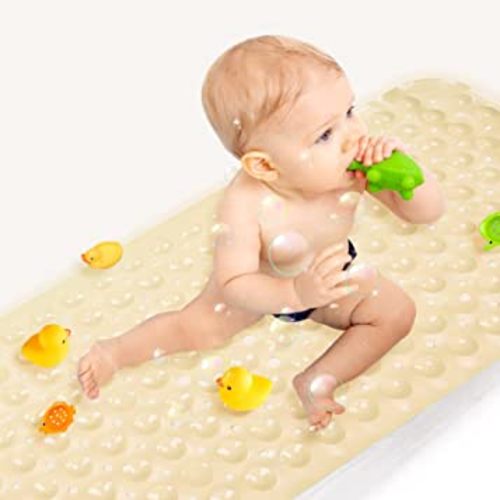 Sheepping Baby Bath Mat for Tub Non Slip Extra Long Cover Bathtub Mat for Toddler Kids 40 X 16 Inch - Eco Friendly Infant Bath Tub Mat with 200 Big Suction Cups,Machine Washable Shower Mat (Beige)