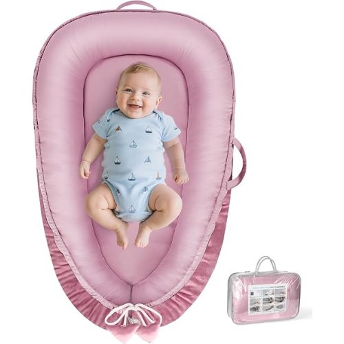 Baby Lounger - Baby Lounger for Newborn 0-24 Months, Breathable & Soft Cotton and Velvet Cover Baby Nest, Portable Cozy Infant Lounger for Home and Travel, Ideal Baby Essentials & Shower Gifts
